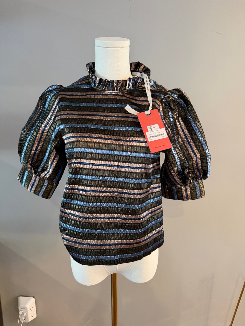 HUNTER BELL NWT Metallic Striped Puff-Sleeve Top - Black Blue